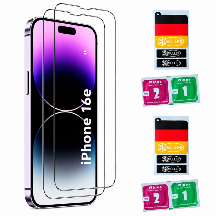 Set 2 Folii Sticla Müller® Transparente 9H pentru Apple iPhone 16e, include Set Curatare si 3 Stickere Müller® pentru Indepartare Praf Display/ Ecran