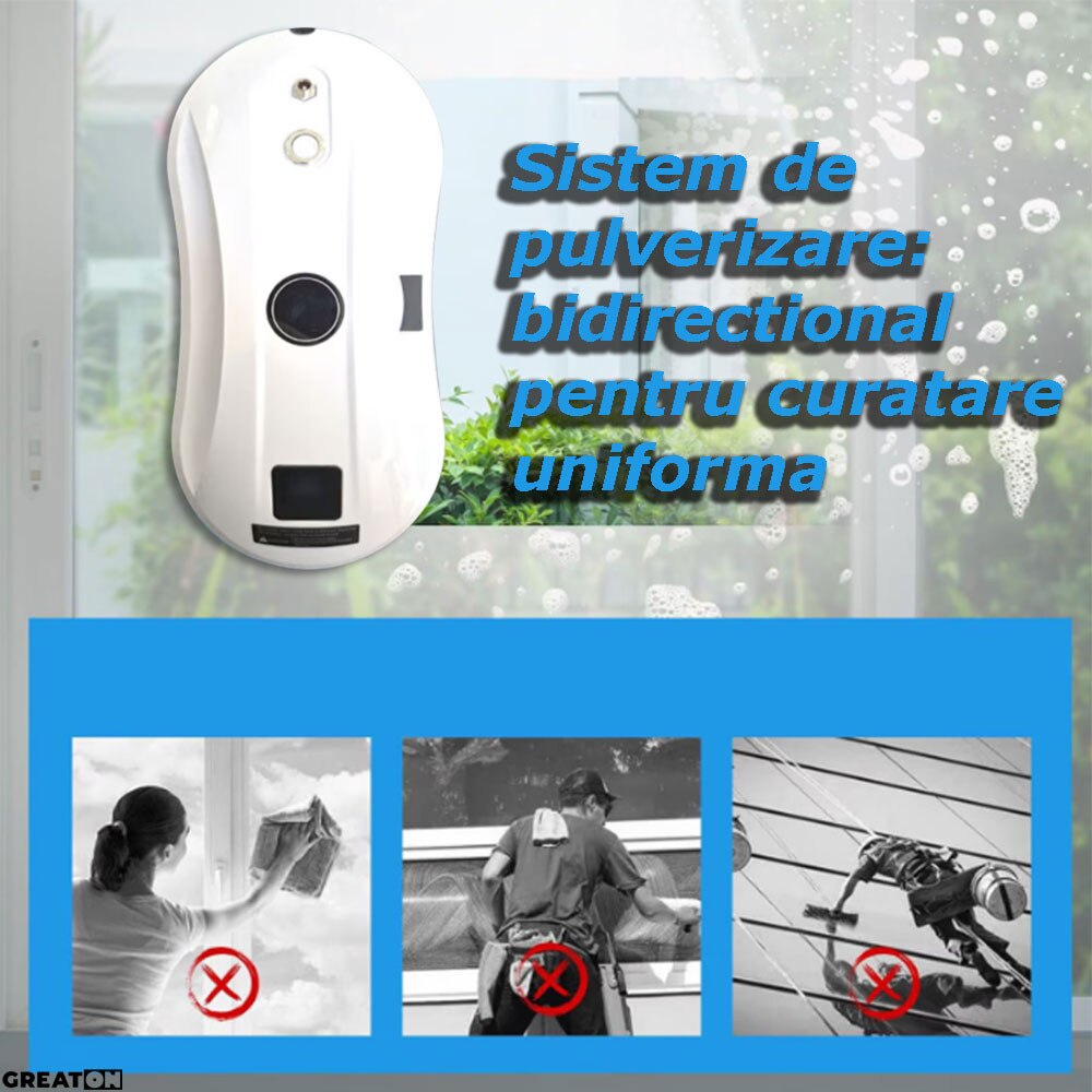 Robot Inteligent GREATON Pentru Curatarea Geamurilor, Reincarcabil, Franghie Siguranta, Functie Planificare Traseu Si Detectie Margini, Pulveriare Apa, Control Prin Telecomanda, Alb