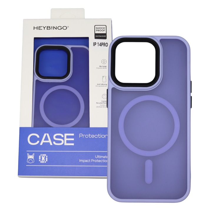 Tok iPhone 14 PRO-hoz, Világoslila, HEYBINGO®, vékony kialakítás, MagSafe töltéssel, Ütésálló, Karcálló