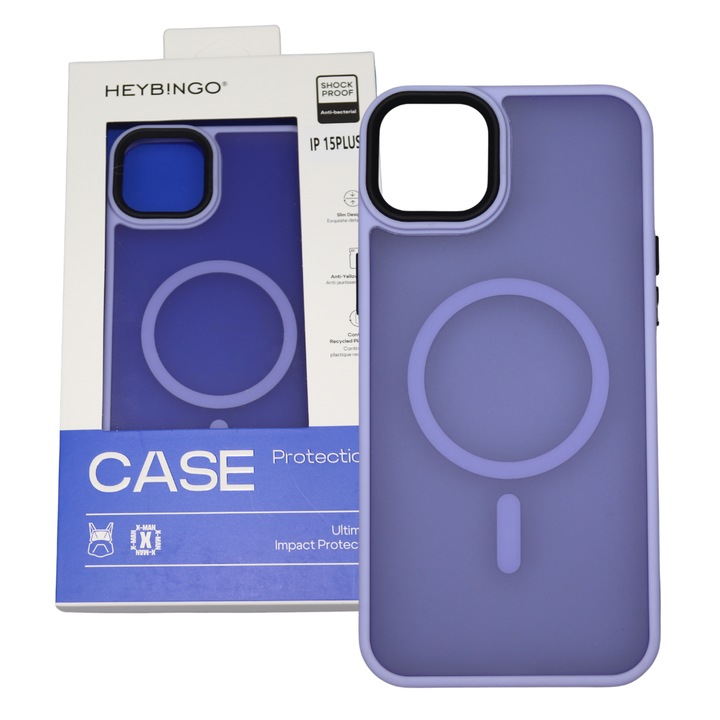 Tok iPhone 15 PLUS-hoz, Világoslila, HEYBINGO®, vékony kialakítás, MagSafe töltéssel, Ütésálló, Karcálló