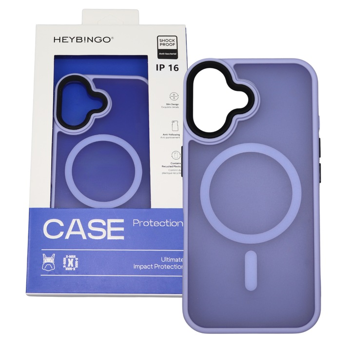 Tok iPhone 16-hoz, Világoslila, HEYBINGO®, vékony design, MagSafe töltéssel, Ütésálló, Karcálló