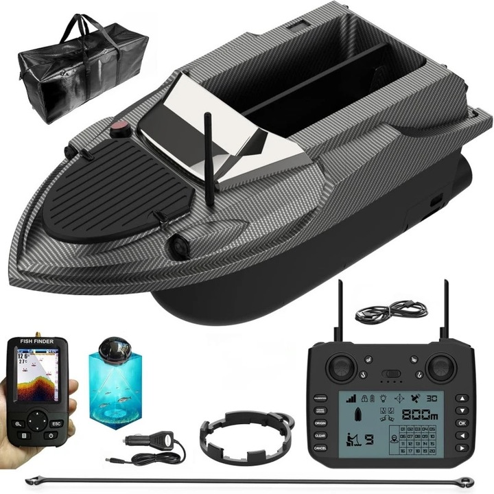V080 GPS Сонар, RC лодка за захранка, GPS, Ехолот, Обхват 800 м, Товароносимост 3 кг, Двоен мотор, Автоматично връщане
