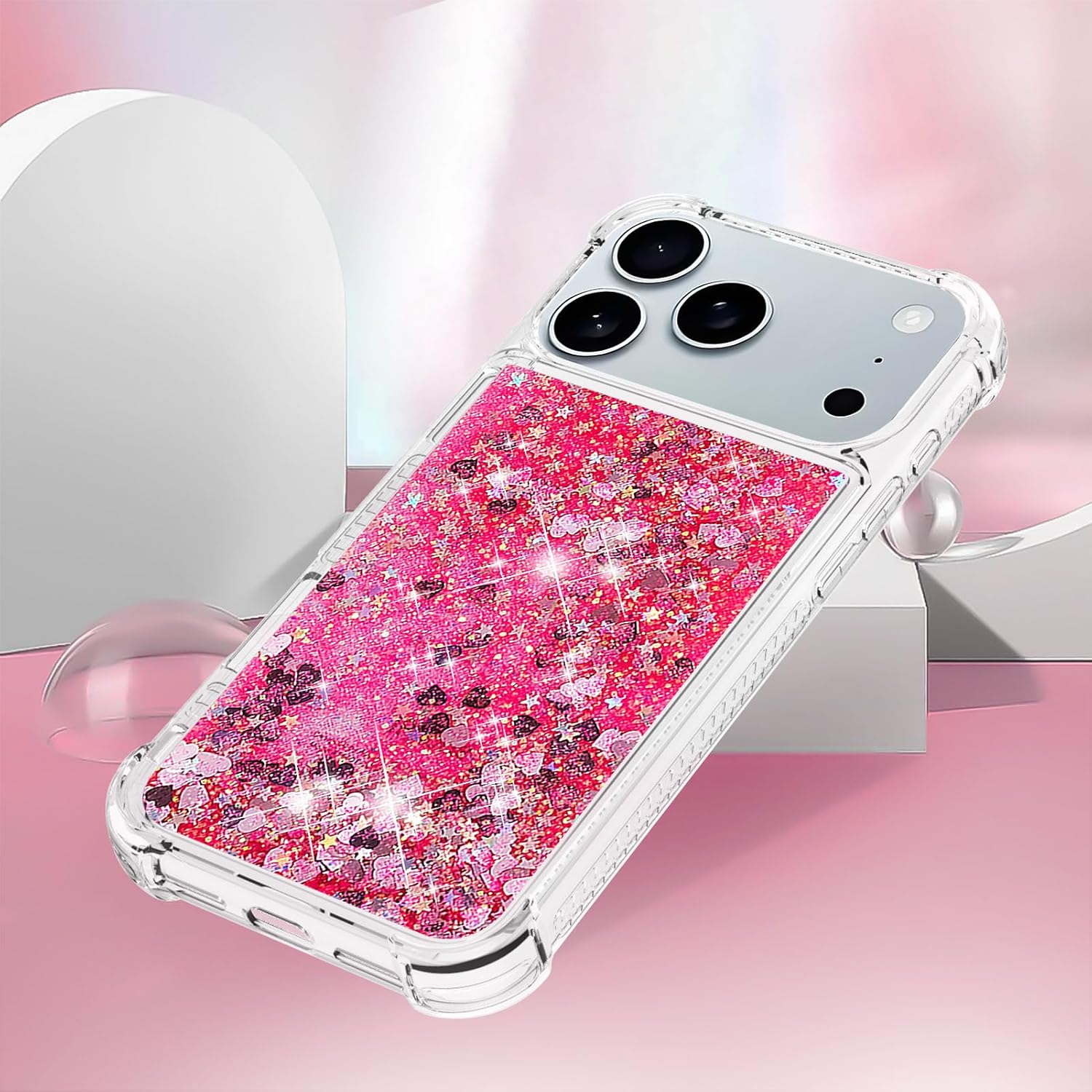 Husa compatibila cu iPhone 17 Pro Max, cu lichid si sclipici plutitor, transparenta, efect 3D, protectie antisoc