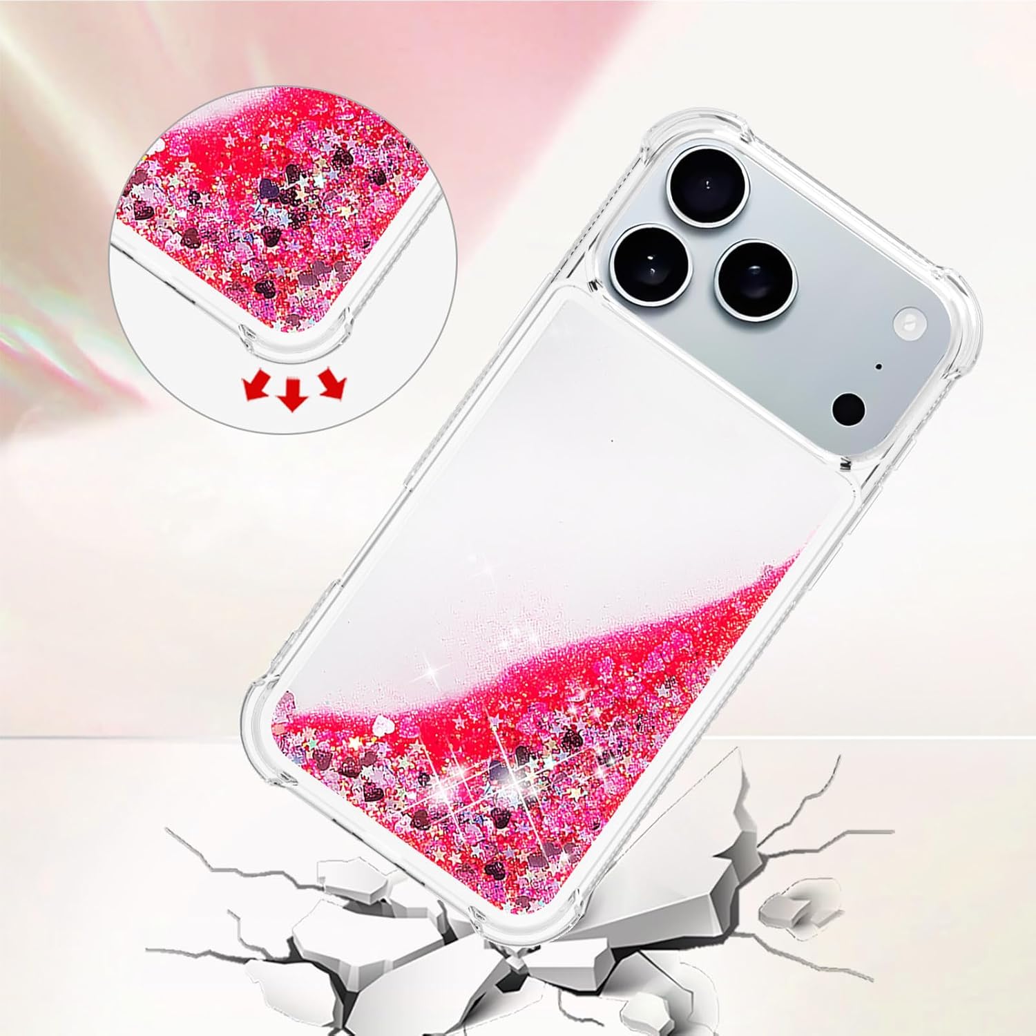Husa compatibila cu iPhone 17 Pro Max, cu lichid si sclipici plutitor, transparenta, efect 3D, protectie antisoc