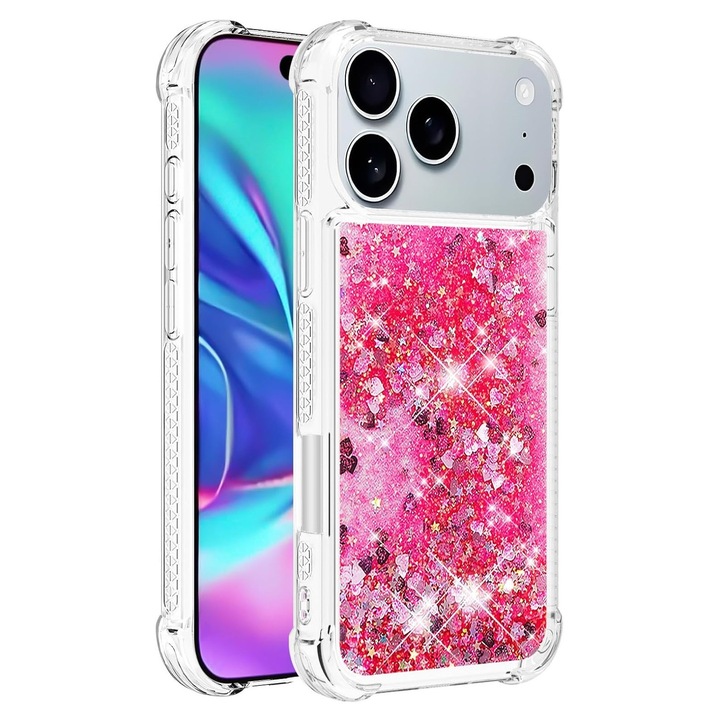 Husa compatibila cu iPhone 17 Pro Max, cu lichid si sclipici plutitor, transparenta, efect 3D, protectie antisoc