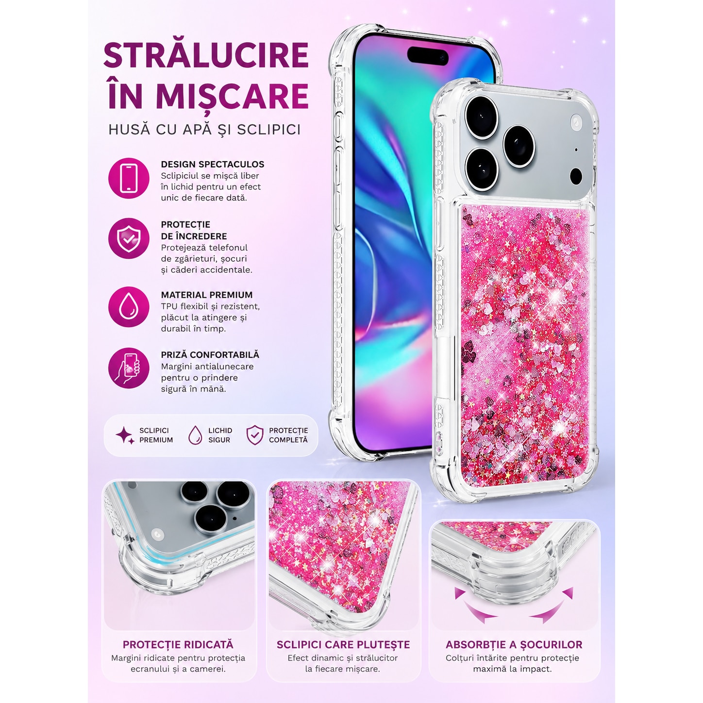 Husa compatibila cu iPhone 17 Pro Max, cu lichid si sclipici plutitor, transparenta, efect 3D, protectie antisoc