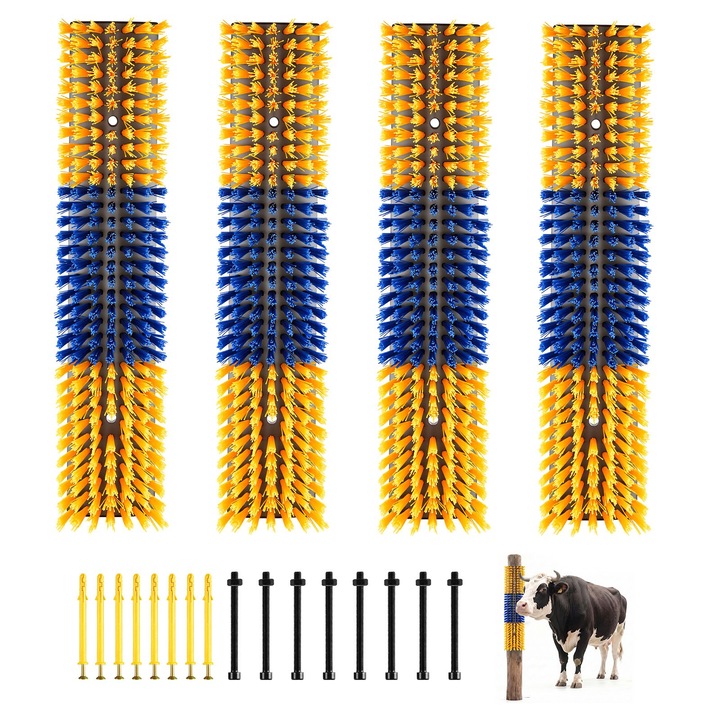 Perie zgariere animale de ferma, Set 4 perii capre vaci cai oi porci, Dimensiune 43x10 cm, Pentru mancarime spate si masaj, Cu 16 suruburi montaj, Galben albastru