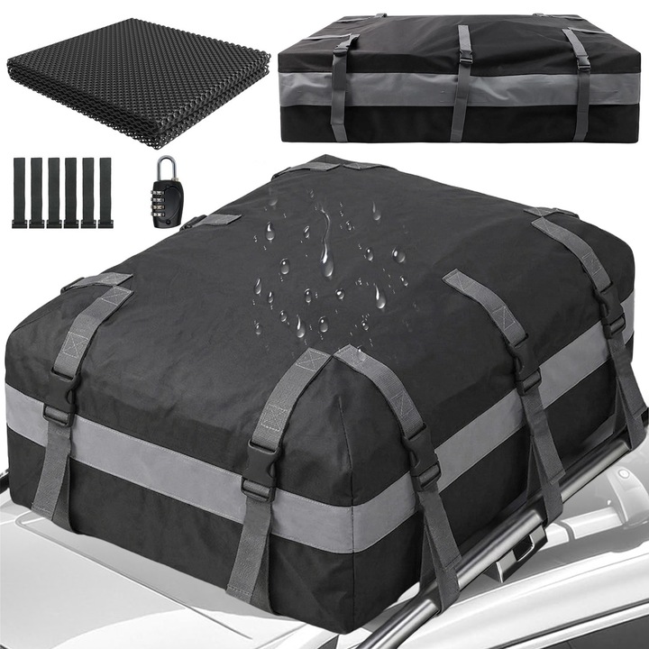 Portbagaj Auto Plafon, impermeabila 1000D Oxford, 20 picioare cubi, Design cu fermoar bidirectionalcu covor anti-alunecare, curele si lacat, Incuietoare pentru bagaje, Pentru orice dimensiune de masina sau SUV, 132x100x46cm