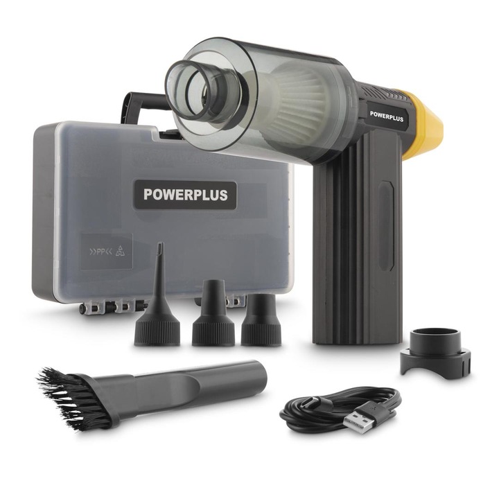 Aspirátor, mini hordozható nagy teljesítményű fúvó, Powerplus POWX3100, 8V, USB töltés, 7 tartozék, szívóteljesítmény 15,7 kPa