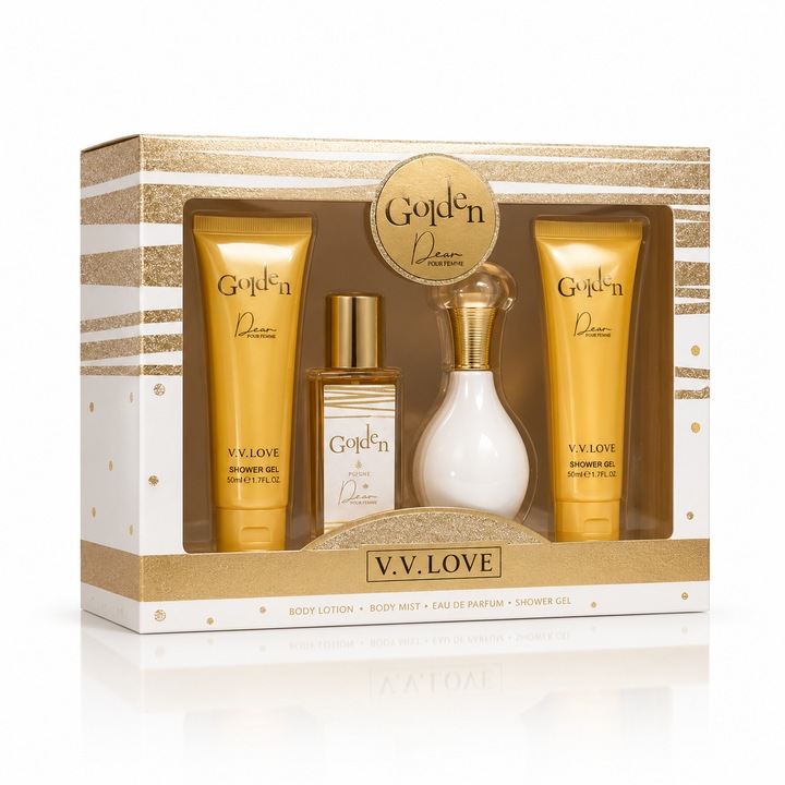 Golden Dew Porcelain női ajándékszett, testpermet, parfüm, tusfürdő és testápoló, V.V.LOVE®
