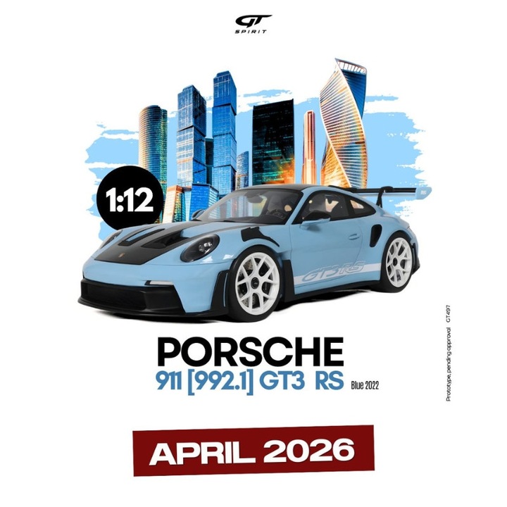 Porsche 911 [992, 1] GT3 RS autómodell, kék, 2022, 1:12, GT497, GT Spirit