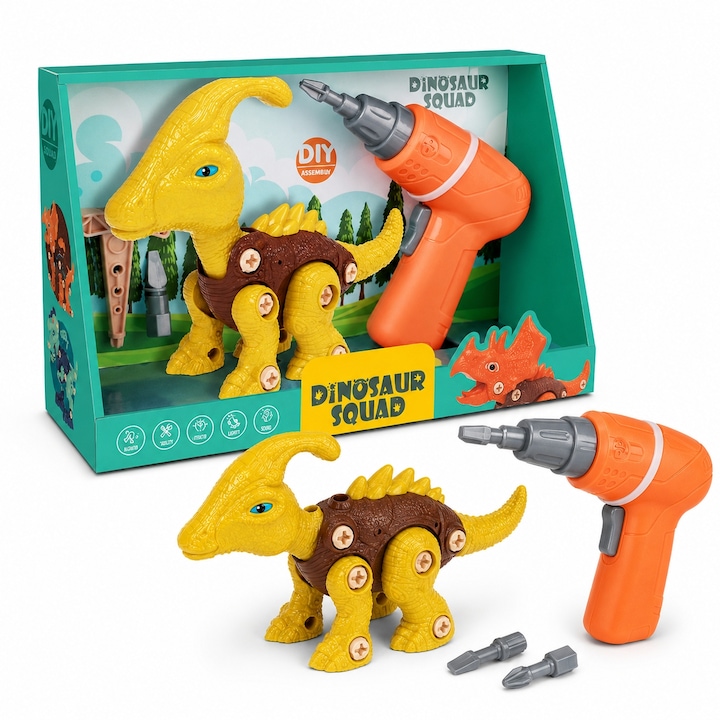 Dinoszaurusz összeszerelhető figura, Kreatív készlet összeszerelhető és szétszerelhető dinoszaurusszal, DIY játék elektromos csavarhúzóval, Csavaros alkatrészek, Építőjáték dinoszauruszrajongó gyerekeknek, Sárga