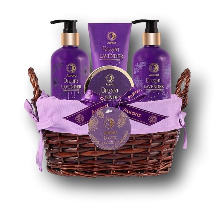Cos cadou femei, model Dream of Lavender, care contine 4 produse cosmetice cu aroma de lavanda