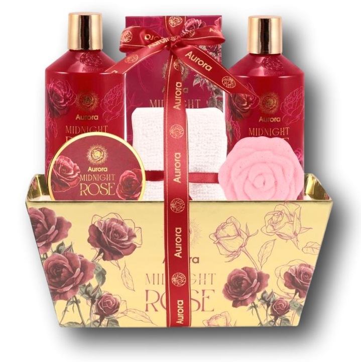 Cos cadou de lux, model Aurora Midnight Rose, ce contine o selectie de produse cosmetice cu aroma de trandafiri
