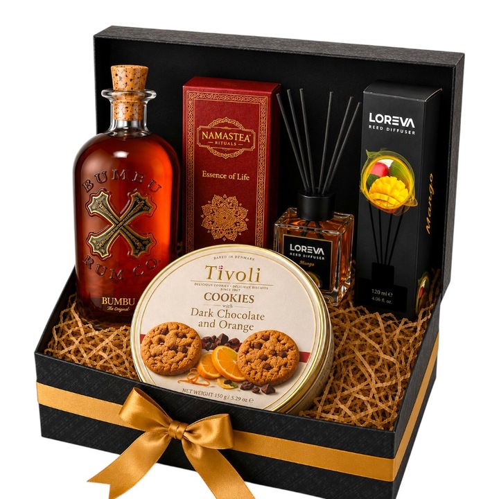 Set cadou premium Cadouri Rafinate® Bumbu Rituals, cu Bumbu Original, difuzor aromatic, ceai premium si biscuiti danezi, ambalaj festiv, ideal pentru aniversari, Craciun, cadouri corporate si ocazii speciale