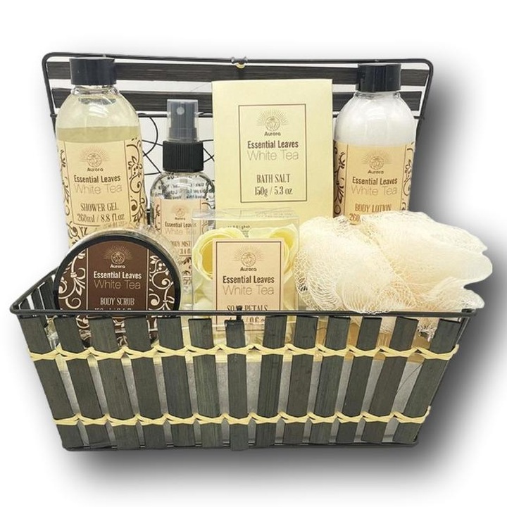 Cos cadou, model Aurora Essential Luxe White Tea, cu 7 produse spa premium, potrivit pentru doamne de orice varsta