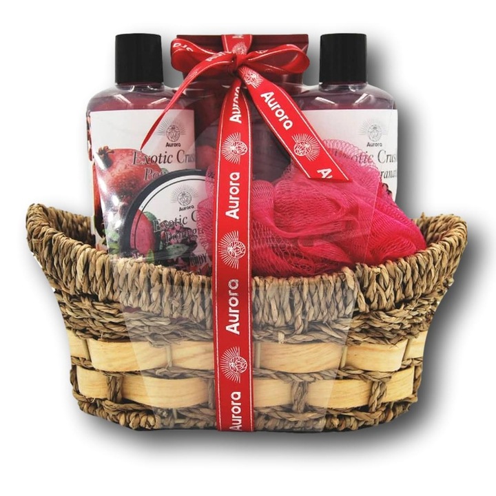 Cos cadou pentru femei, model Aurora Exotic Crush Pomegranate, ce contine o selectie exclusivista de produse spa cu aroma de rodie