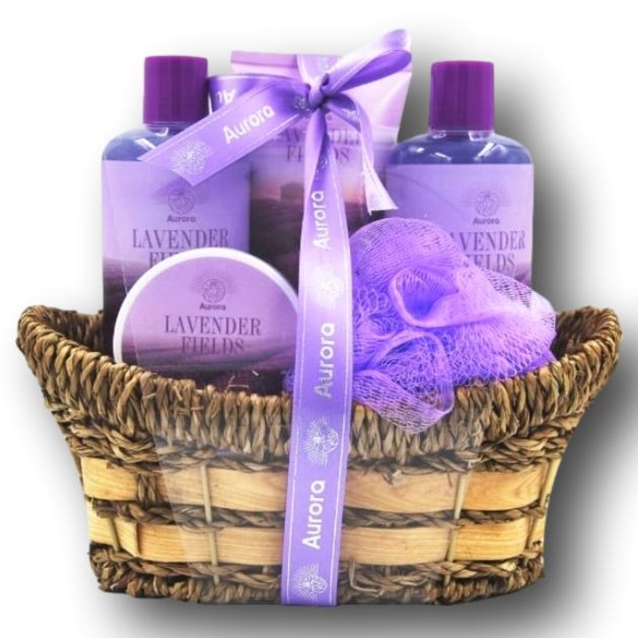Cos cadou exclusivist pentru femei, model Aurora Lavender Spa, ce contine o selectie rafinata de produse spa cu aroma de lavanda