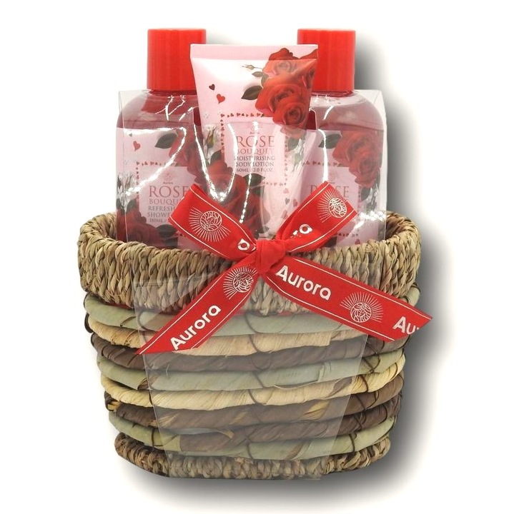 Cosulet cadou pentru femei, model Aurora Rose Bouquet, ce contine o selectie rafinata de produse cosmetice cu aroma de trandafiri