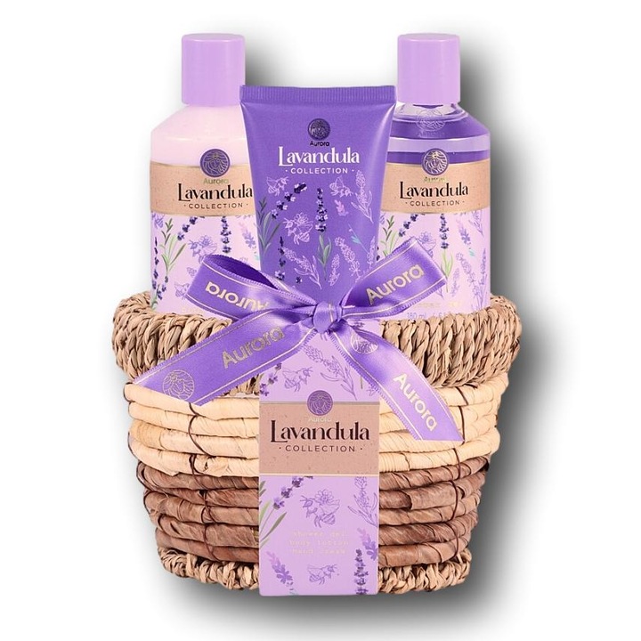 Cosulet cadou elegant pentru femei, model Aurora Lavanda Collection, ce contine o selectie rafinata de produse cosmetice cu aroma de lavanda