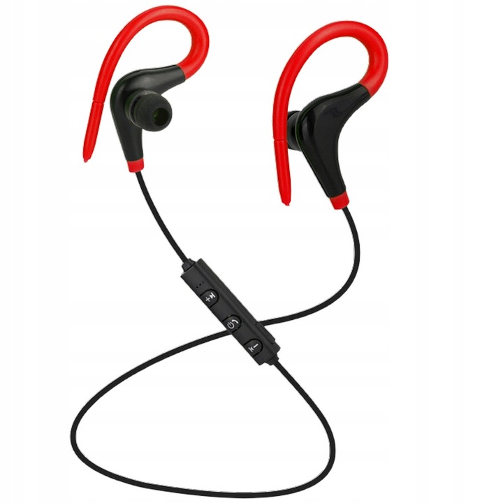 Casti sport intraauriculare Bluetooth wireless cu microfon, reducere a zgomotului si control al volumului, rosii, cablu de incarcare, plastic, rezistente la transpiratie si stropire, pentru alergare si