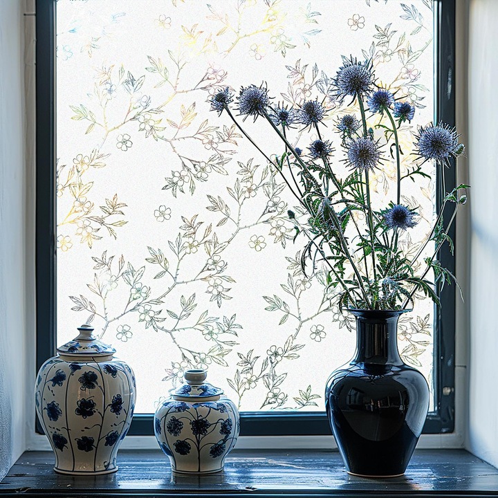 Funlife Peonies öntapadós dekorfólia ablakra, fehér, 58 x 200 cm, matt üveg hatás, védelem a