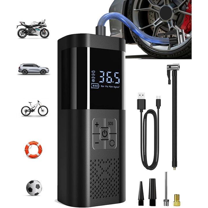 Compresor de aer portabil, umflator de anvelope fara fir cu manometru, umflare rapida, oprire automata, pentru masini, biciclete si motociclete, 150 PSI