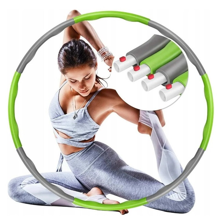 Cerc Hula hoop fara marca X001/807 72 cm 1 kg cu masaj, pliabil, verde-gri cu husa din spuma, 6 elemente, material PP