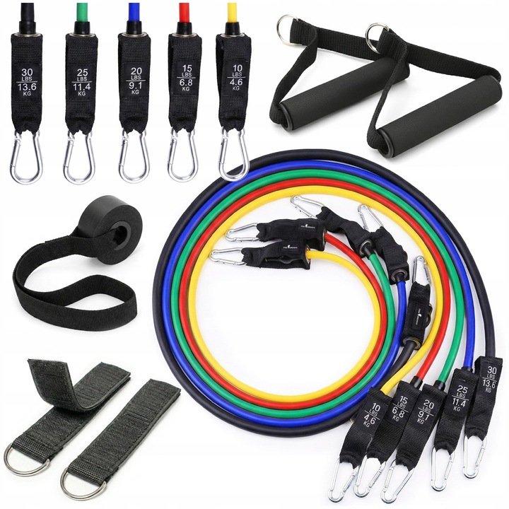 Expansor de antrenament Pretorians, 5 benzi de rezistenta cu manere, 5 bucati, 112 cm, cauciuc, galben, rosu, verde, albastru, negru, ancora pentru usa, curele pentru glezne, geanta de depozitare