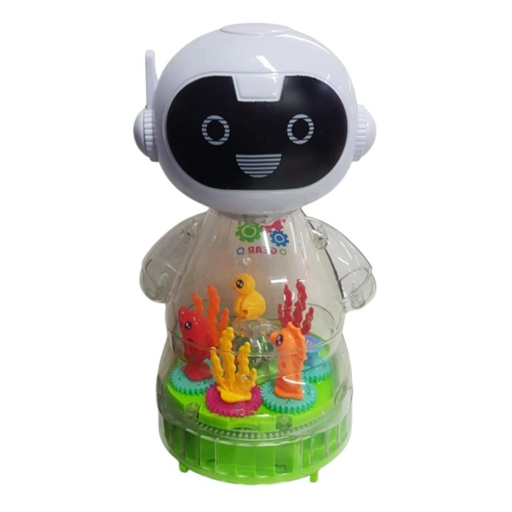 Robotel interactiv pentru copii. Cu lumini colorate, muzica vesela, angrenaje vizibile si mers automat — distractie garantata pentru cei mici