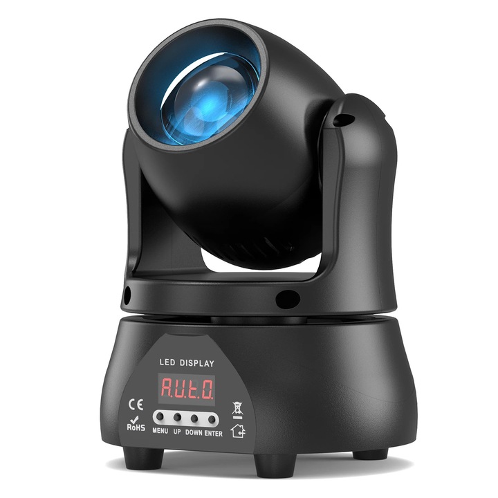 Mini mozgófejes sugárvetítő, ZQ02319, 40W, DMX512 13CH, >82000 lm, 90-240V DC, EU csatlakozó, CE