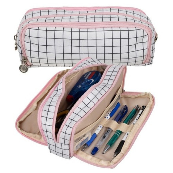 Penar scolar extensibil cu 3 compartimente, model alb-negru in carouri, organizator rechizite si accesorii, 26 x 9 x 7.5 cm