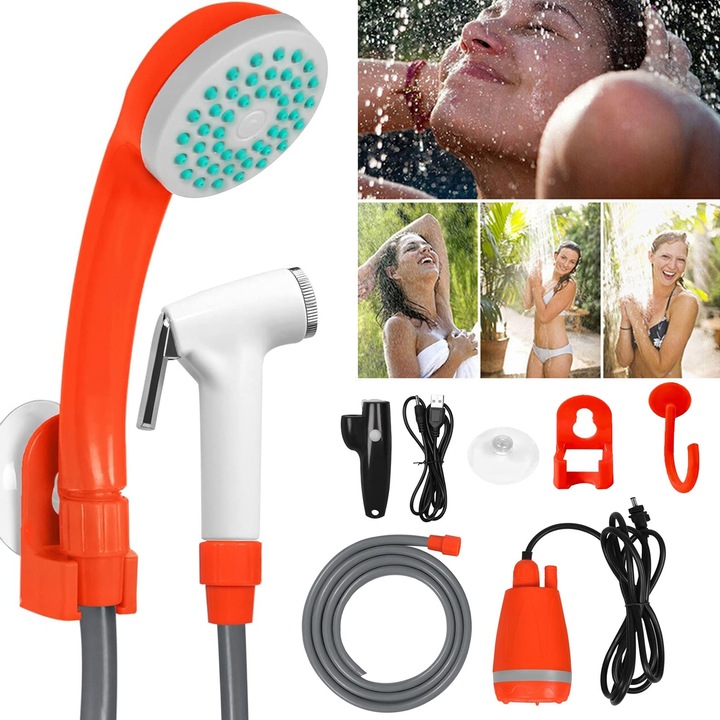 Hordozható Kemping Zuhany, Elektromos Kemping Zuhany Pumpa, 3 L/Perc, Újratölthető USB Akkumulátorral, Tapadókoronggal és Kampóval, Hordozható Kültéri Zuhanyfej Kempingezéshez, Túrázáshoz, Utazáshoz