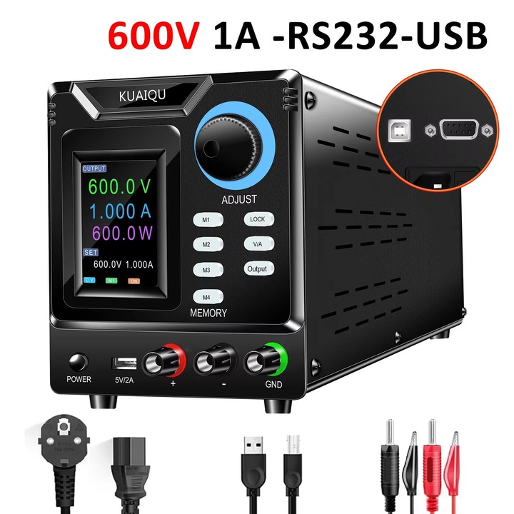 Sursa de alimentare DC programabila de laborator, SPPS-D10001-232, 0–600 V, 0–1 A, RS232/USB pentru PC, in comutatie, iesire unica