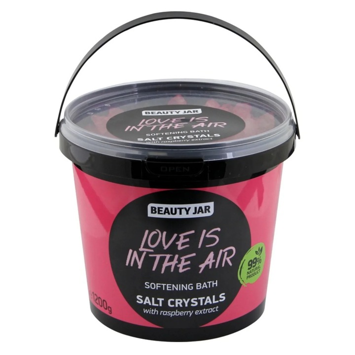 Fürdőkristályok bársonyos bőrért, málnakivonattal, Love is in the air, Beauty Jar, 1200 g