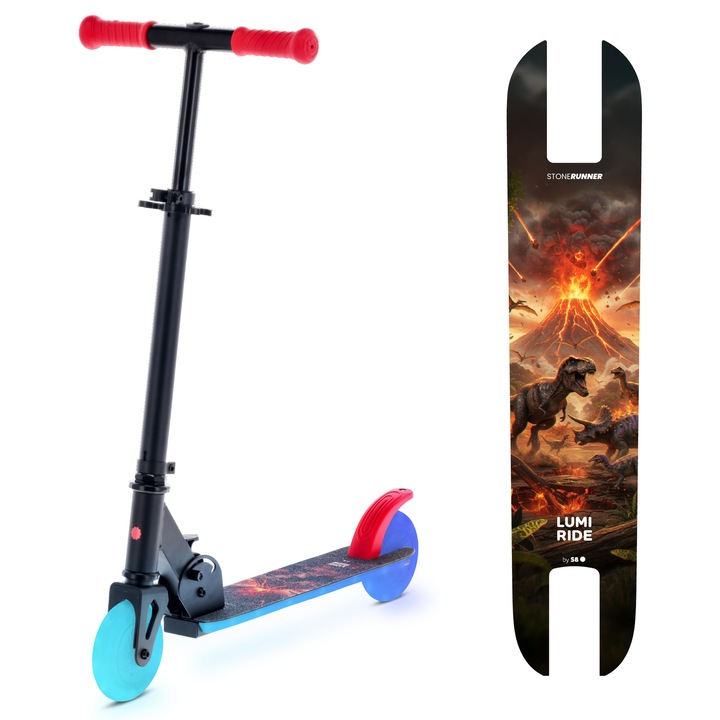 Gyermek roller, Sun Baby Lumiride Led, Összecsukható, Állítható, 7 LED szín, 20 Fényprogram, 12 cm-es PU kerekek, Dinoszaurusz modell, Fekete