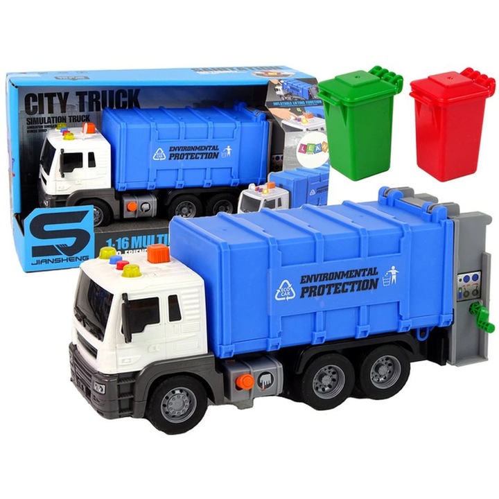 Gyermek szemeteskocsi kiegészítőkkel, nyomógombbal, súrlódó mechanizmussal, hang- és fényeffektusokkal, 1:16 méretarány, JSTOYS, Kék