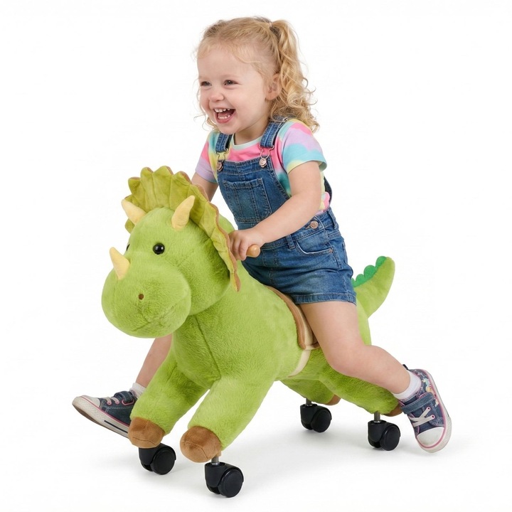Lovaglós dinoszaurusz játék, Gyermek jármű, 360°-ban forgó kerekek, Valósághű hangok, Elem nélkül, Puha ülés, Max. terhelhetőség 40 kg, 3+ éves korosztály