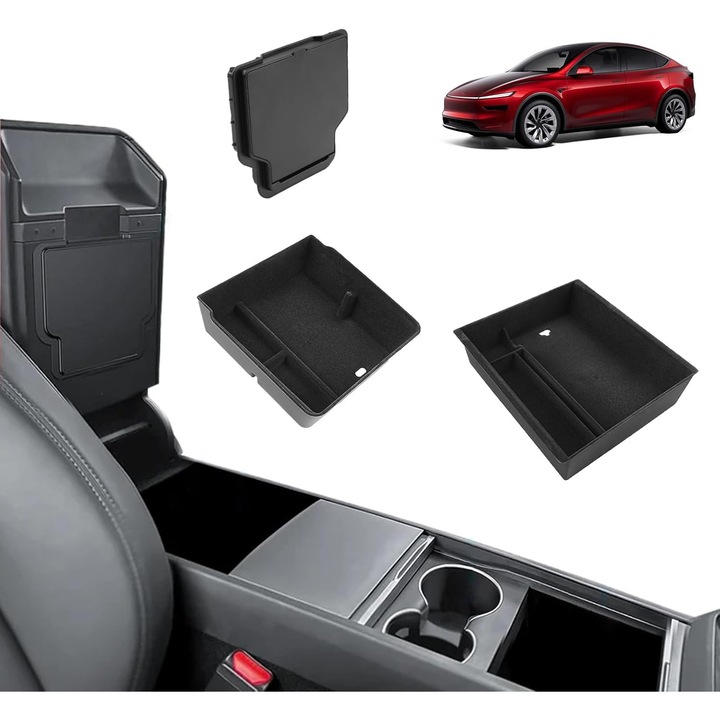3 részes GAFAT középkonzol rendszerező készlet Tesla Model Y Juniperhez, 2025-2027 Premium és Performance változatokhoz, rekeszes ABS tálcák és bársonyos flokkolt anyag