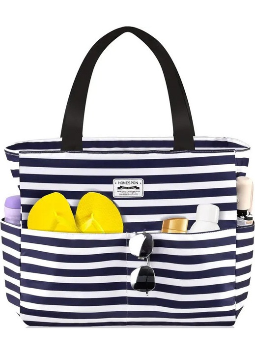 Geanta de plaja din nylon impermeabil, pliabila, cu fermoar si 5 buzunare, albastru/alb, 45 x 17 x 38 cm