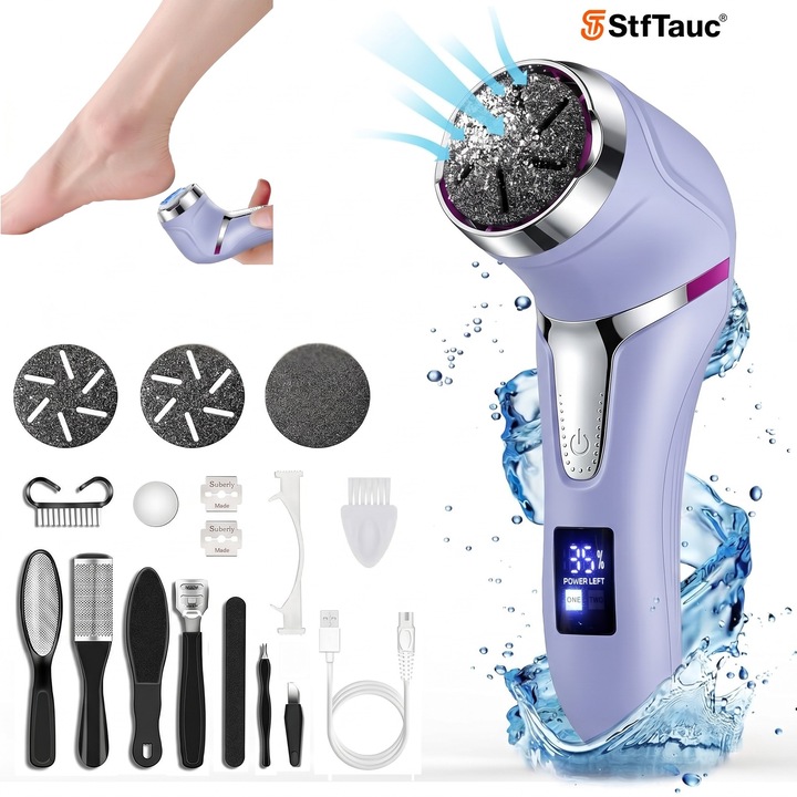 Pila Electrica pentru Talpi si Calcaie cu Aspirare Integrata StfTauc®, Display LED, 2 Viteze pana la 2200 RPM, Acumulator 1500 mAh, Incarcare USB, IPX7 Rezistenta la Apa, 3 Capete Interschimbabile, Accesorii Incluse, Indepartare Calus si Piele Moarta