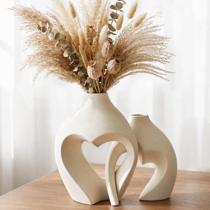 Set 2 vaze ceramice albe, inima, textura mata, 20x15x10cm