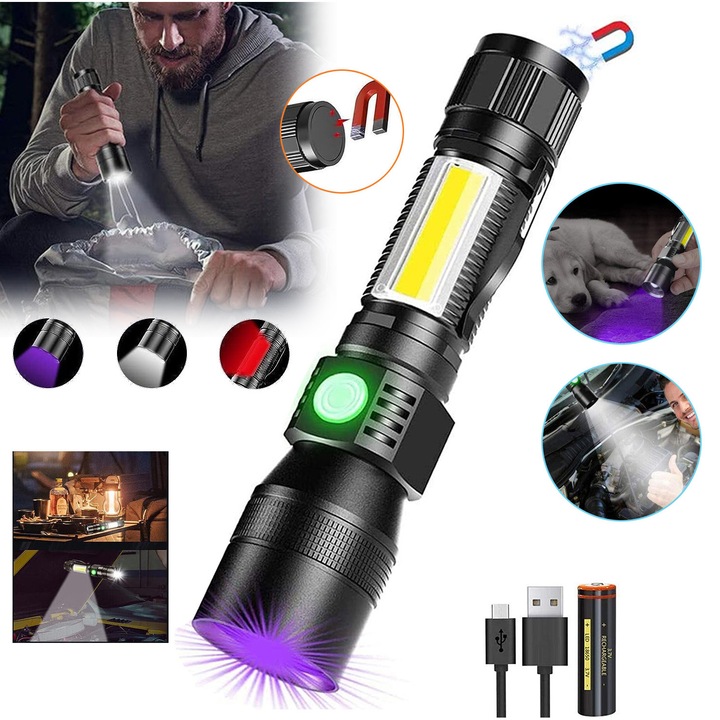 Újratölthető UV lámpa skorpiók észleléséhez [fehér, piros és UV] Szuper fényes, vízálló LED zseblámpa, 7 üzemmóddal háziállatok, élelmiszerek észleléséhez, kempingezéshez/horgászathoz