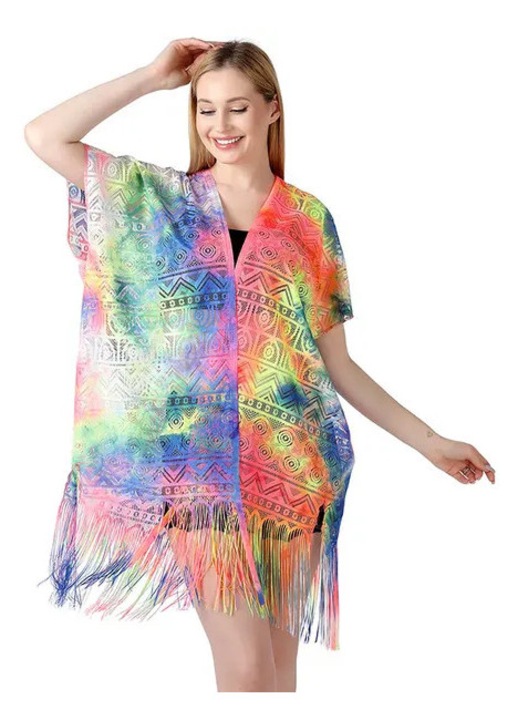 Többszínű tie-dye strandtunika, laza szabás, rojtok, nagyméretű