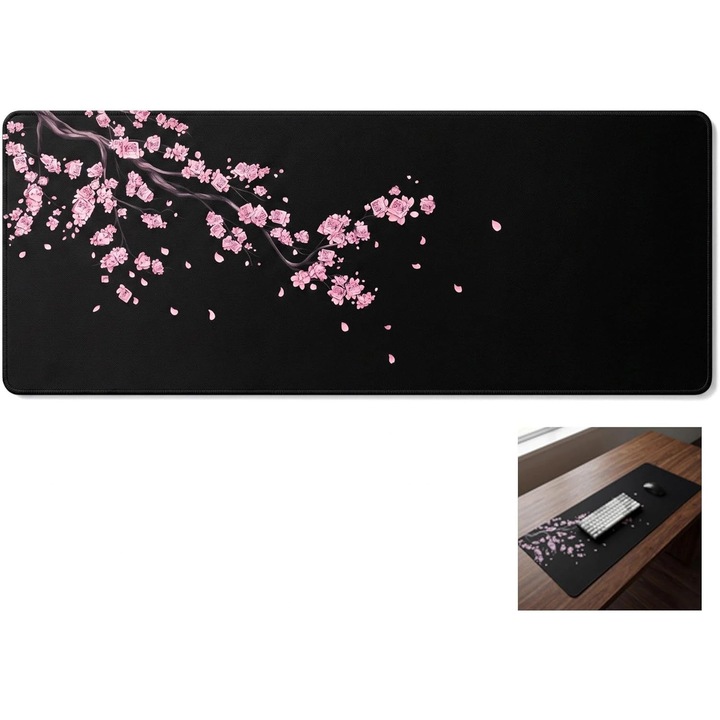 Covoras birou mare, design flori de cires, negru roz, 80x30x0.3cm