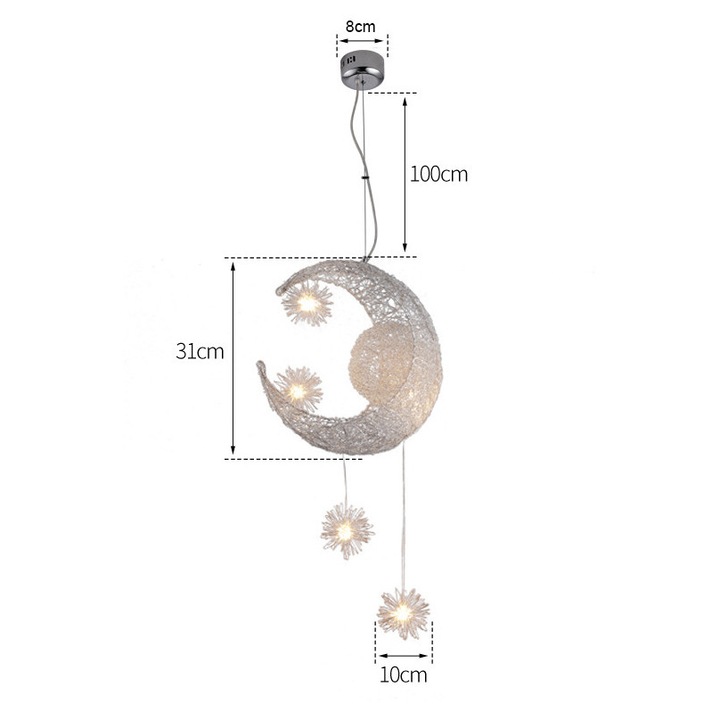 Lampa suspendata din aluminiu cu luna si stea, candelabru modern, lumina calda pentru camera copiilor