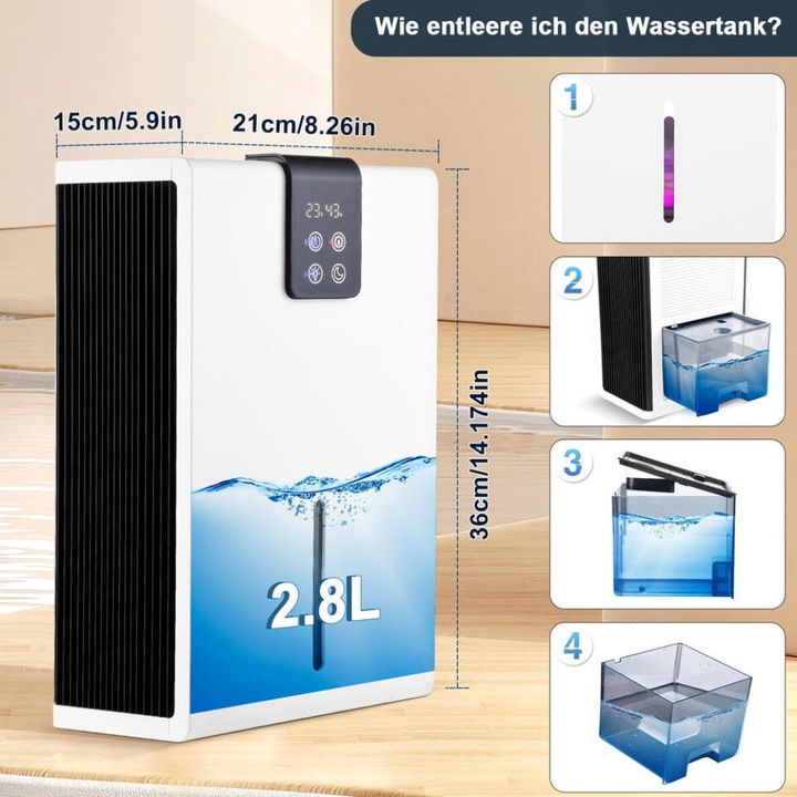 Dezumidificator electric, dual-core, alb, 2800ml, silentios, cu lumina ambientala