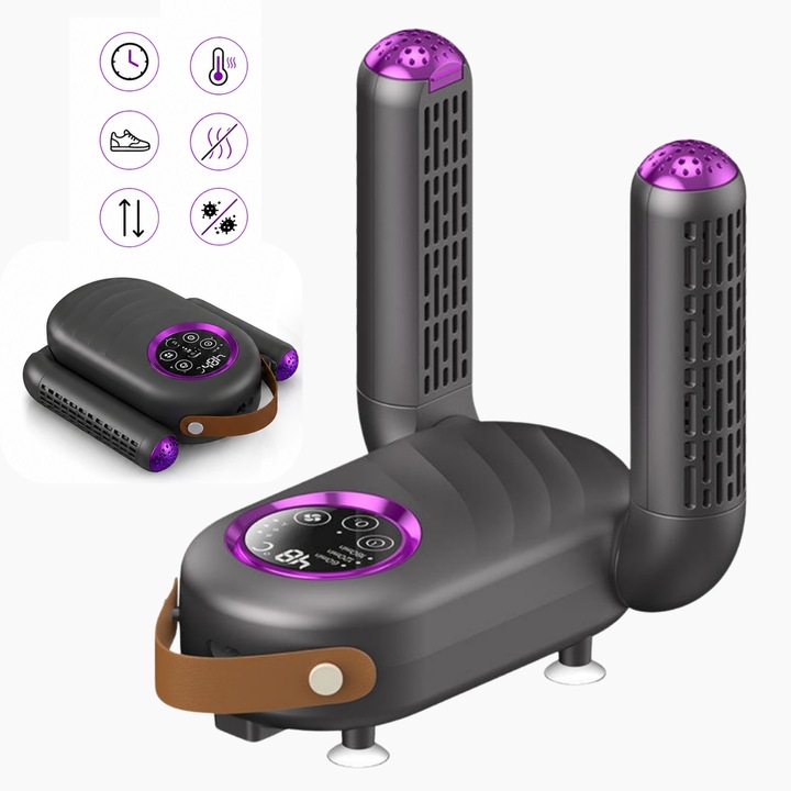 Uscator Electric pentru Incaltaminte Bluxyro®, 200W, Dezodorizare si Sterilizare, Temperatura Inteligenta 48°C, 3 Programe Temporizare 60/120/180 min, Pliabil, pentru Pantofi, Adidasi, Bocanci si Incaltaminte de Iarna, Negru