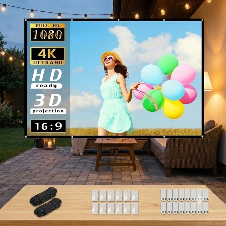 Ecran de proiectie portabil Charmorah, 16:9, 100 inch, 125 x 221 cm, fixare perete, manual, ecran proiector, panza alba, home cinema, pentru videoproiector, Alb