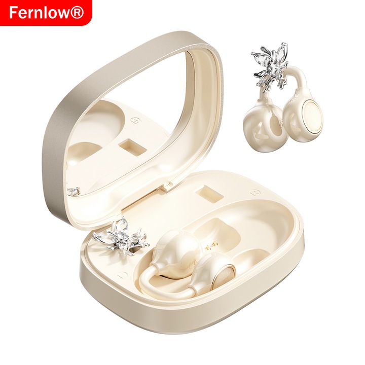 Fernlow® vezeték nélküli zajszűrős fülhallgató, Bluetooth clip-on fülhallgató pillangó dekorációval és sminktükrös töltőtokkal, Bluetooth 6.0, 42 óra üzemidő, HD mikrofon, IPX4 vízállóság, sporthoz, univerzális, arany